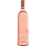 Eine Flasche Fortant de France Merlot Rosé Pays d'Oc IGP 2024 mit einem rosafarbenen Etikett mit Flamingo-Motiv ist der perfekte Begleiter für den erfrischenden Geschmack des französischen Rosé.
