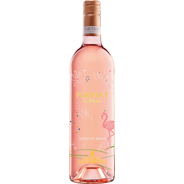 Eine Flasche Fortant de France Merlot Rosé Pays d'Oc IGP 2024 mit einem rosafarbenen Etikett mit Flamingo-Motiv ist der perfekte Begleiter für den erfrischenden Geschmack des französischen Rosé.