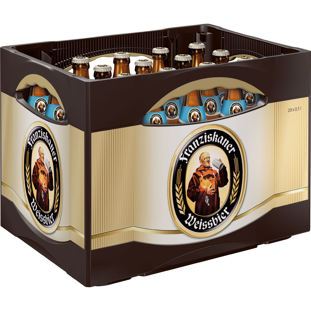 Eine Kiste Franziskaner Weißbier Hefe-Weißbier Leicht 20x 0,5L (MEHRWEG) mit Mönchsetiketten bietet erfrischenden bayerischen Weißbiergeschmack als kalorienreduzierte Weißbiervariante.