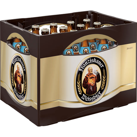 Eine Kiste Franziskaner Weißbier Hefe-Weißbier Leicht 20x 0,5L (MEHRWEG) mit Mönchsetiketten bietet erfrischenden bayerischen Weißbiergeschmack als kalorienreduzierte Weißbiervariante.