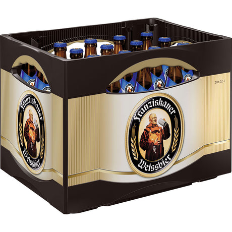 Eine Kiste Franziskaner Weißbier Naturtrübes Alkoholfrei, 20x 0,5L Mehrwegflaschen, jede mit der kultigen Mönchsillustration auf dem Etikett.