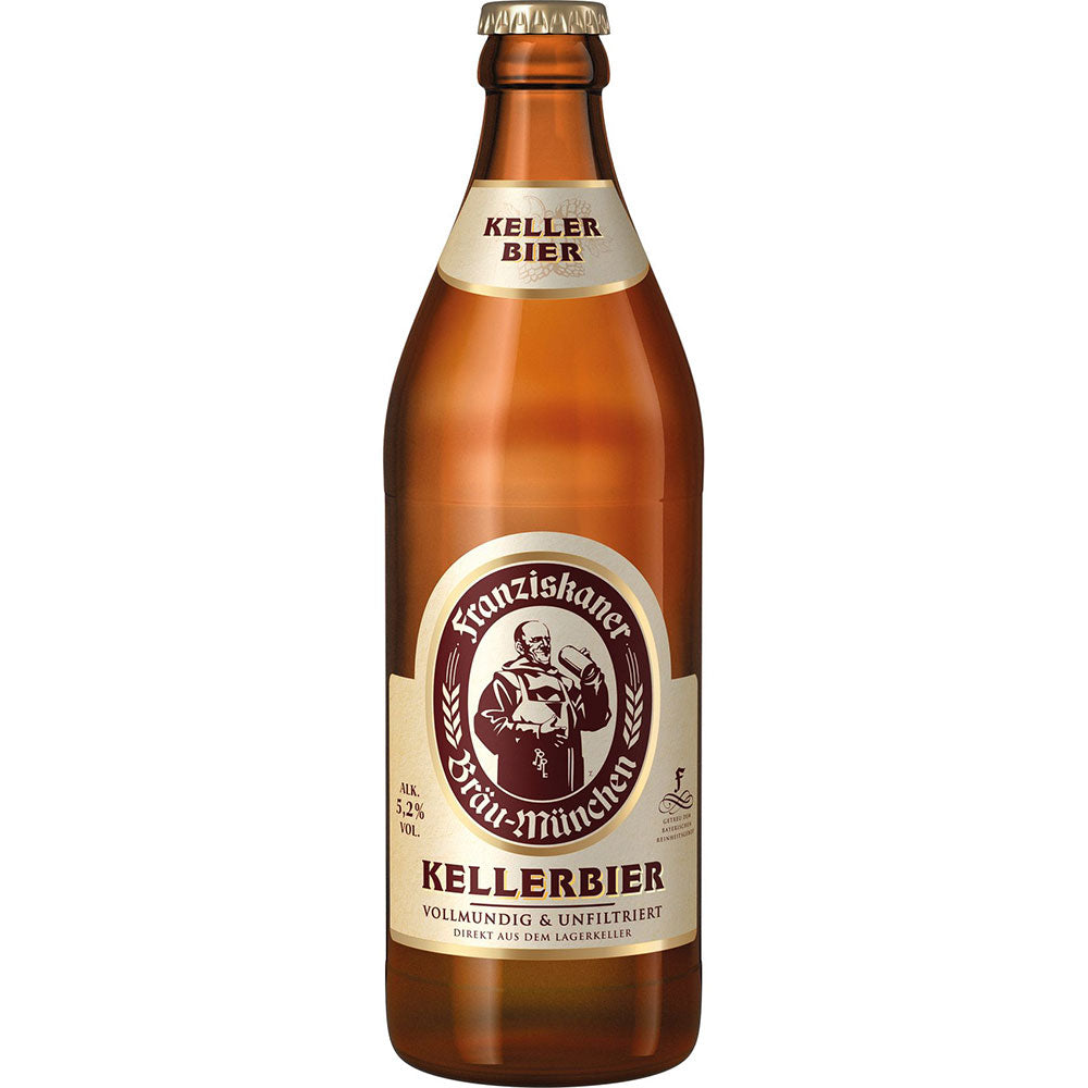 Eine Braunglasflasche Franziskaner Weißbier Kellerbier 20x 0,5L (MEHRWEG), mit beigem Etikett und Mönchslogo, spiegelt die bayerische Brautradition als naturtrübes Bier wider.