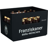Schwarze Kiste mit 20x0,5 L Flaschen Franziskaner Weißbier Kellerbier (Mehrweg), ein naturtrübes Bier nach bayerischer Brautradition.