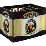 Eine schwarze Kiste enthält 20 Flaschen (je 0,5 l) Franziskaner Weißbier Kristall (Mehrweg) mit dem klassischen Mönchsetikett und bietet kristallklaren Weizenbiergenuss.