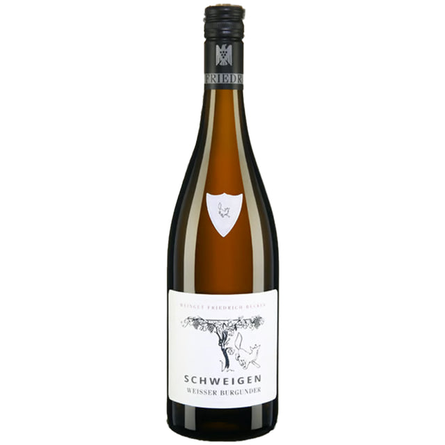Eine braune Glasweinflasche mit der Aufschrift „Weingut Friedrich Becker Weißer Burgunder Schweigen trocken 2022“, deren schwarz-weißes Design den angesehenen Status als VDP.Ortswein Schweigen hervorhebt – ein charakteristisches Merkmal des renommierten Pfälzer Weißweins.