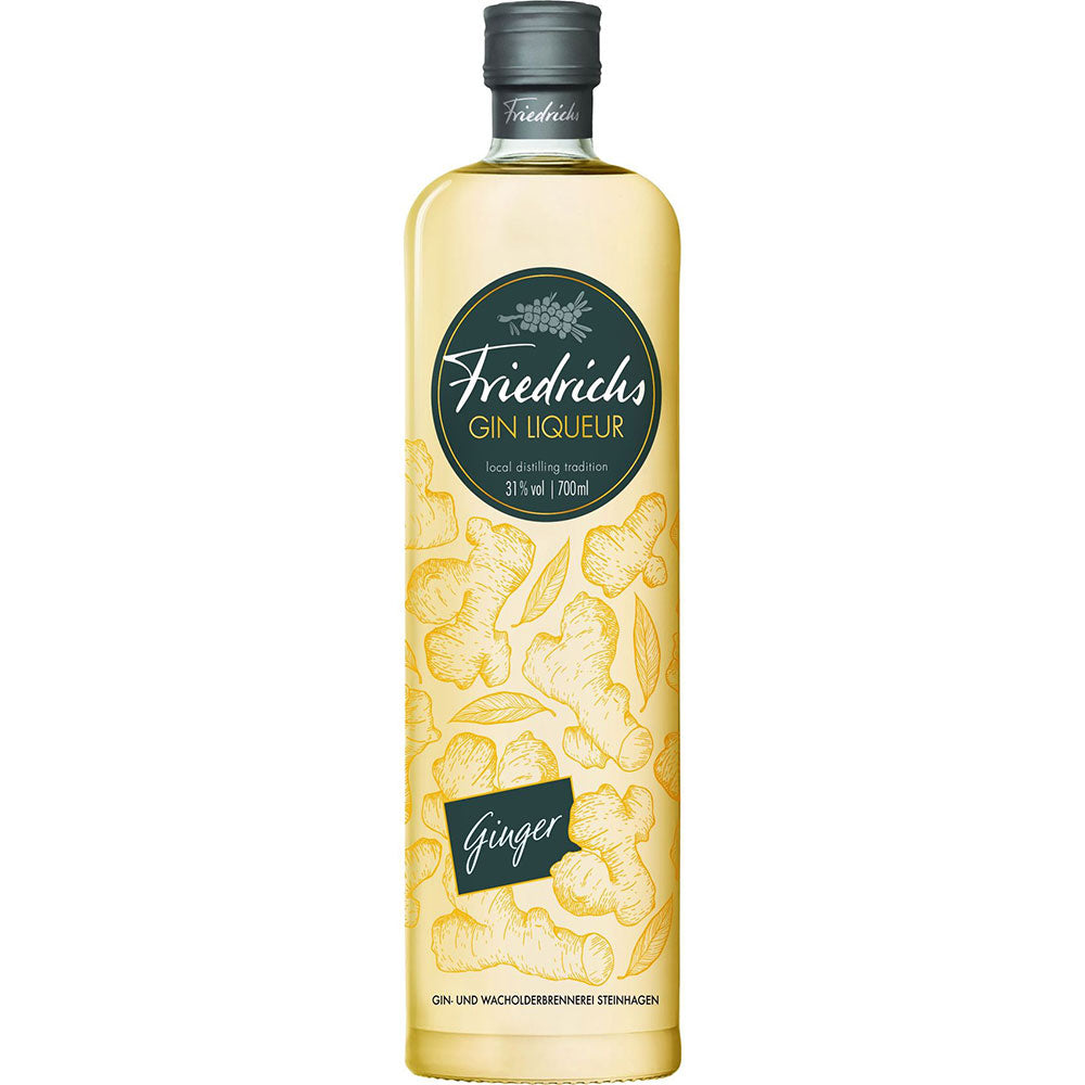 Eine 0,7-Liter-Flasche Friedrichs Gin Liquer Ginger (31%) mit einem gelben Etikett mit Ingwer-Illustrationen - ideal für einen pikanten Twist in Ihrem nächsten Gin & Tonic oder pur genossen als einzigartiger Ingwerlikör.