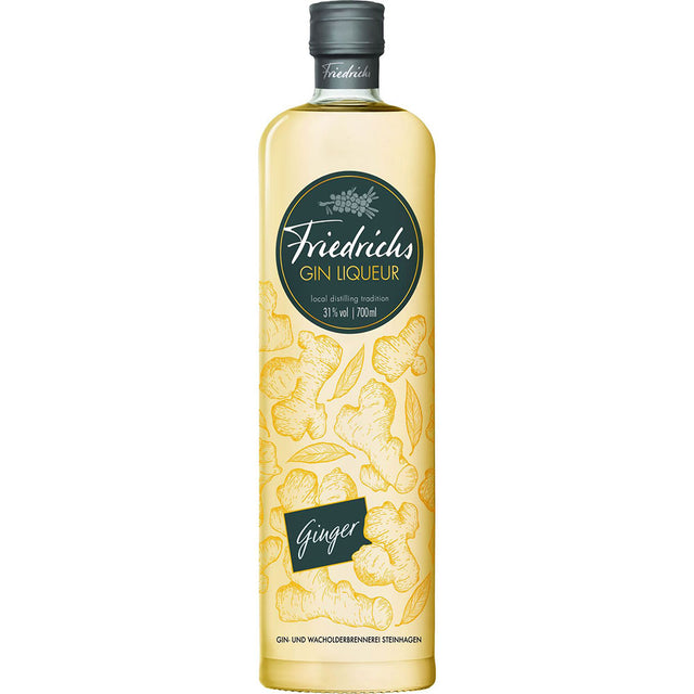 Eine 0,7-Liter-Flasche Friedrichs Gin Liquer Ginger (31%) mit einem gelben Etikett mit Ingwer-Illustrationen - ideal für einen pikanten Twist in Ihrem nächsten Gin & Tonic oder pur genossen als einzigartiger Ingwerlikör.