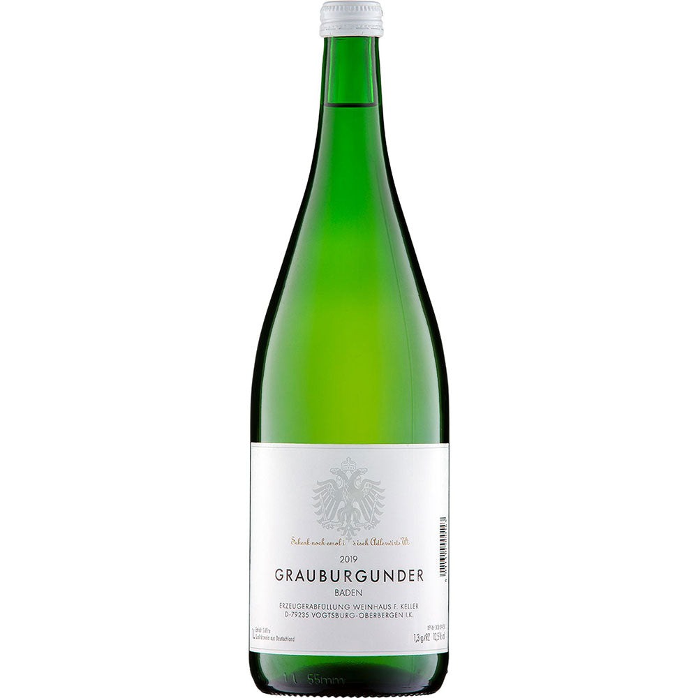 Eine grüne Flasche Franz Keller Grauburgunder trocken 6x 1 Liter (MEHRWEG) mit weißem Etikett und silbernem Emblem.