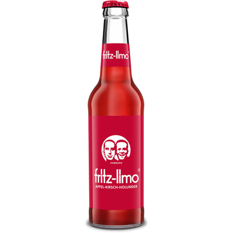 Die 0,33l-Glasflasche fritz-kola Fritz Limo Apfel-Kirsch-Holunder Limonade im 24er-Pack (MEHRWEG) mit rotem Etikett und Verschluss wird mit hohem Fruchtanteil zu einem erfrischenden, fruchtigen und veganen Erfrischungsgetränk verarbeitet.