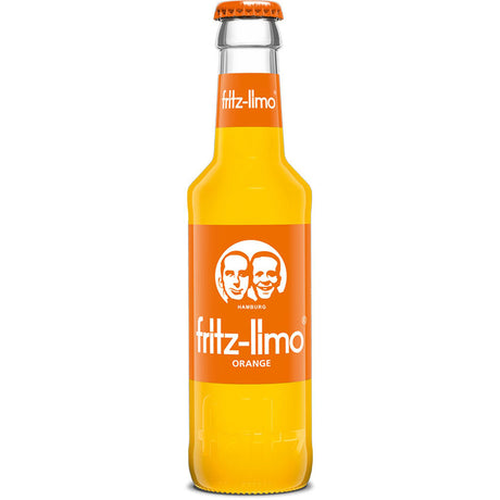 Eine Glasflasche fritz-kola Fritz Limo Orangen Limonade (24x0,2L Mehrweg) mit orangefarbenem Etikett und Deckel, mit zwei illustrierten Gesichtern, hergestellt mit natürlichen Aromen und einem hohen Fruchtanteil.