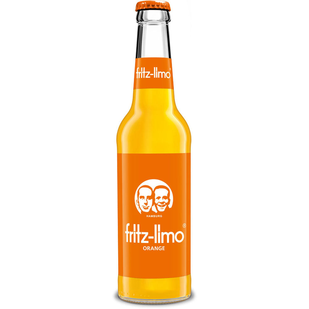 Die 0,33l-Glasflasche fritz-kola Fritz Limo Orangen Limonade mit orangefarbenem Etikett, zwei Gesichtern und hohem Fruchtanteil für einen erfrischend-fruchtigen Geschmack; erhältlich im 24er-Pack MEHRWEG.
