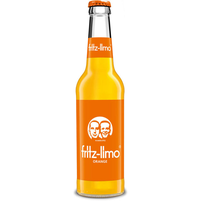 Die 0,33l-Glasflasche fritz-kola Fritz Limo Orangen Limonade mit orangefarbenem Etikett, zwei Gesichtern und hohem Fruchtanteil für einen erfrischend-fruchtigen Geschmack; erhältlich im 24er-Pack MEHRWEG.