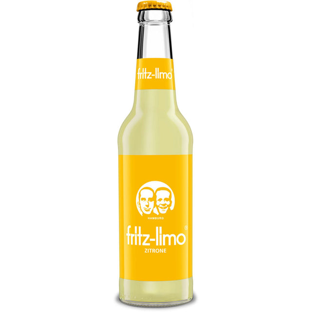Die Klarglasflasche von fritz-kola Fritz Limo Zitronen Limonade 0,33L hat ein gelbes Etikett und einen Verschluss mit zwei illustrierten Gesichtern, die natürliche Aromen hervorheben. Erhältlich als 24er-Pack (MEHRWEG).