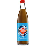 Fritz Mischmasch von fritz-kola in der 0,5 l Mehrweg-Glasflasche mit blauem Etikett und rotem Verschluss, mit orangefarbenen Akzenten - diese Kola-Orangen-Limonade bietet hohen Fruchtanteil für eine herrlich erfrischende Zitrusnote.