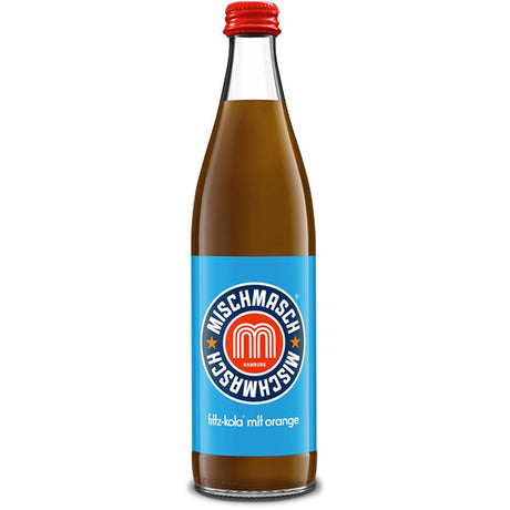 Fritz Mischmasch von fritz-kola in der 0,5 l Mehrweg-Glasflasche mit blauem Etikett und rotem Verschluss, mit orangefarbenen Akzenten - diese Kola-Orangen-Limonade bietet hohen Fruchtanteil für eine herrlich erfrischende Zitrusnote.