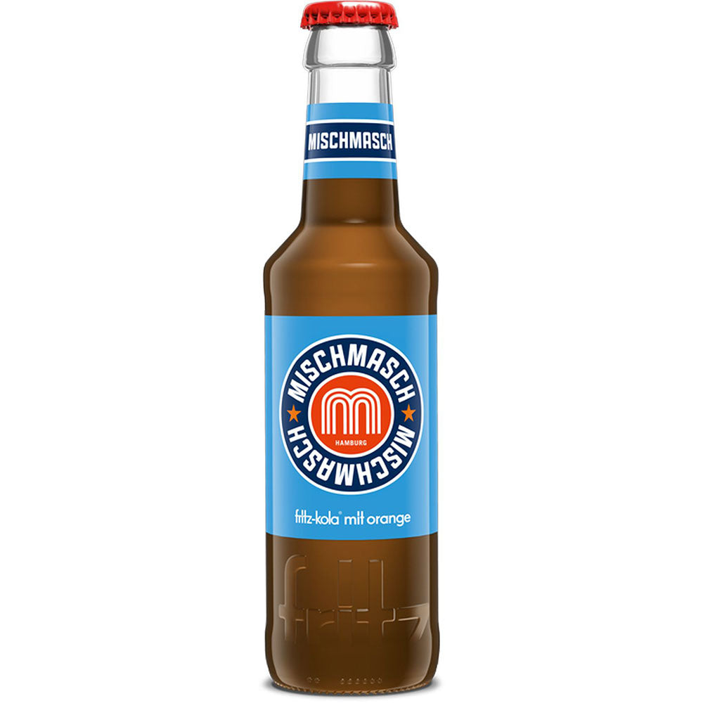 Eine Glasflasche Fritz Mischmasch 24x 0,2L (MEHRWEG) von fritz-kola verbindet natürliches Koffein mit einem spritzigen Orangen-Zitrus-Geschmack - perfekt erfrischend in der charakteristischen Verpackung.