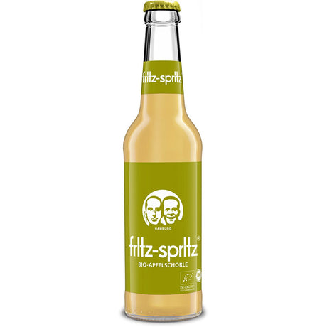 Die Fritz Spritz Bio Apfelschorle (24er-Pack, MEHRWEG) von fritz-kola in der 0,33l-Klarglasflasche mit grünem Etikett und Verschluss bietet eine natürlich erfrischende, vegane Schorle aus Bio-Apfelsaft.