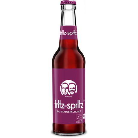 Fritz-kola Fritz Spritz Bio Traubensaftschorle in der 0,33-Liter-Glasflasche mit lila Etikett und Verschluss, hergestellt aus Bio-Traubensaft und natürlichem Mineralwasser. Erhältlich in einem wiederverwendbaren 24er-Pack.