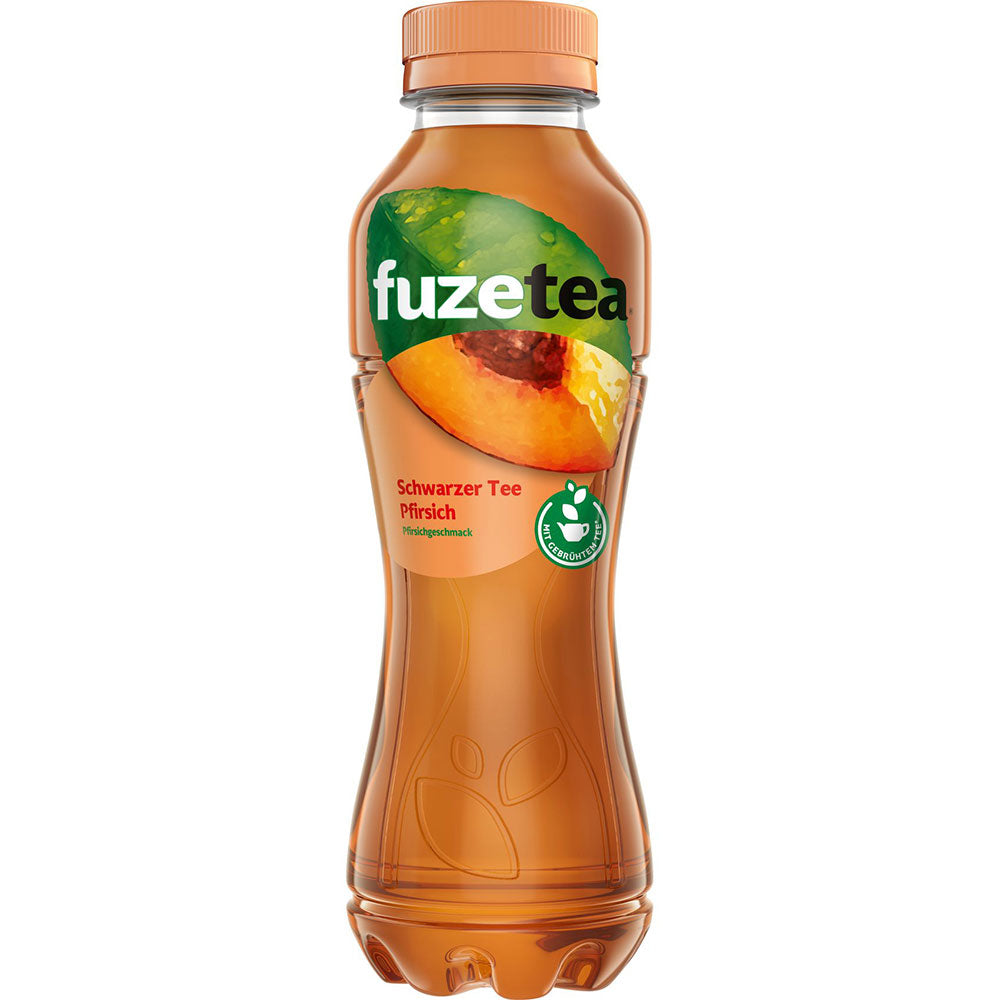 Eine 0.4L Flasche Fuze Tea Schwarzer Tee Pfirsich Eistee PET, Teil eines 12er-Packs, von Fuze Tea.