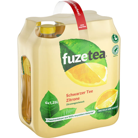 Sechserpack Fuze Tea Schwarzer Tee Zitrone PET (6x1,25L EINWEG) Flaschen von Fuze Tea, in gelber Verpackung mit Zitronen- und Teeblattgrafik.