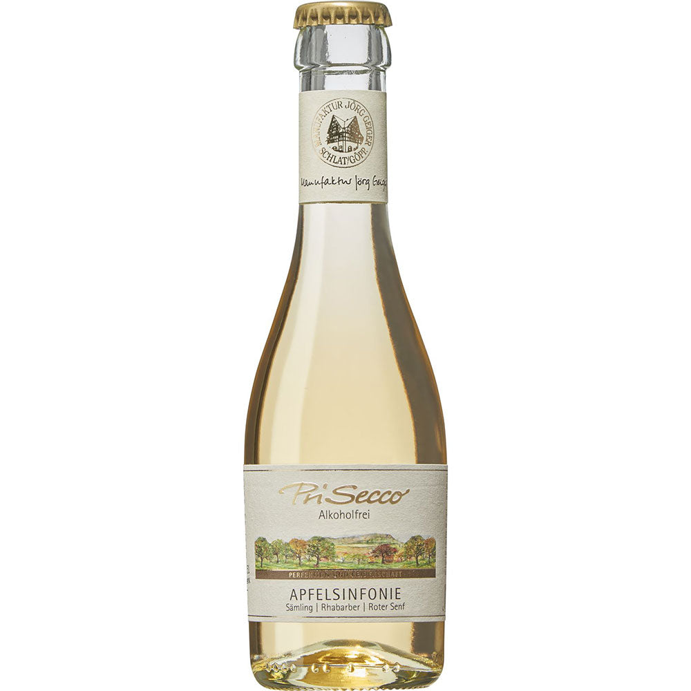 Eine klare 0,2L Flasche Jörg Geiger Apfelsinfonie Prisecco alkoholfrei mit einem goldenen Verschluss und einem beigen Etikett mit Obstgartenmotiv von Jörg Geiger.