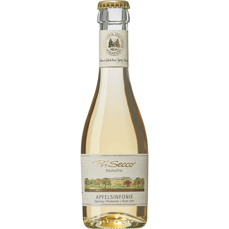 Eine klare 0,2L Flasche Jörg Geiger Apfelsinfonie Prisecco alkoholfrei mit einem goldenen Verschluss und einem beigen Etikett mit Obstgartenmotiv von Jörg Geiger.