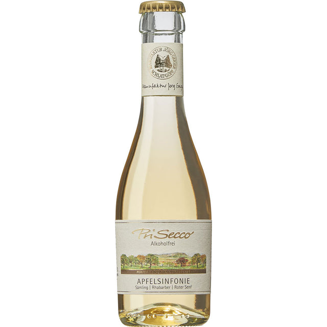 Eine klare 0,2L Flasche Jörg Geiger Apfelsinfonie Prisecco alkoholfrei mit einem goldenen Verschluss und einem beigen Etikett mit Obstgartenmotiv von Jörg Geiger.