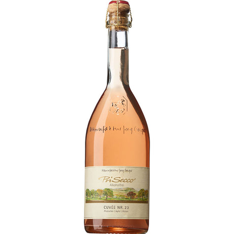 Eine 0,75L Flasche Jörg Geiger Cuvée Nr. 23 Prisecco alkoholfrei, ein alkoholfreies, prickelndes Getränk von Jörg Geiger mit einem hellrosa Farbton und einem Korkenverschluss.