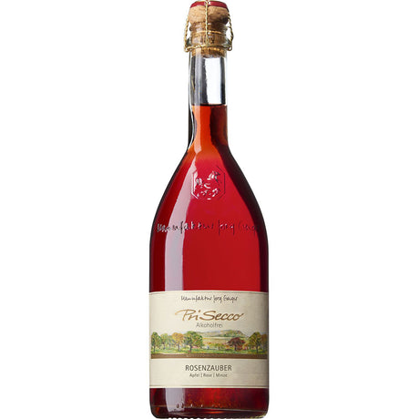 Eine 0,75-Liter-Flasche Jörg Geiger Prisecco Rosenzauber alkoholfrei, ein rotes, prickelndes Getränk mit einem goldenen Folienverschluss und Etikett.