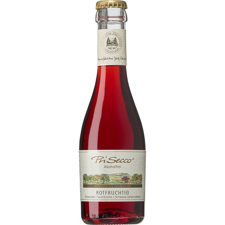 Eine 0,2L Flasche Jörg Geiger Prisecco Rotfruchtig alkoholfrei, ein alkoholfreier Aperitif mit Goldkappe und illustriertem Etikett der Marke Jörg Geiger.