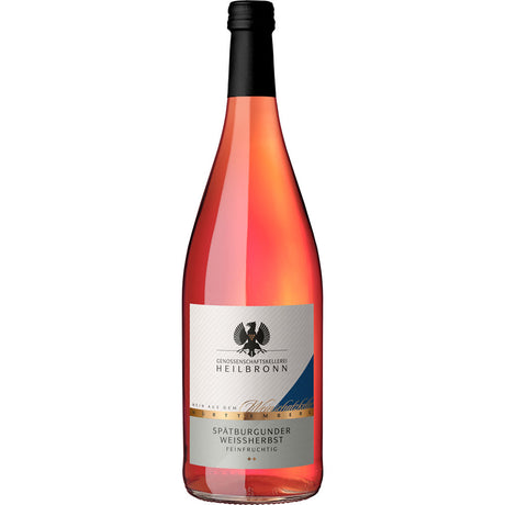 Eine 1L Flasche der Genossenschaftskellerei Heilbronn Spätburgunder Weißherbst (12x MEHRWEG) mit einem silbernen und blauen Etikett.