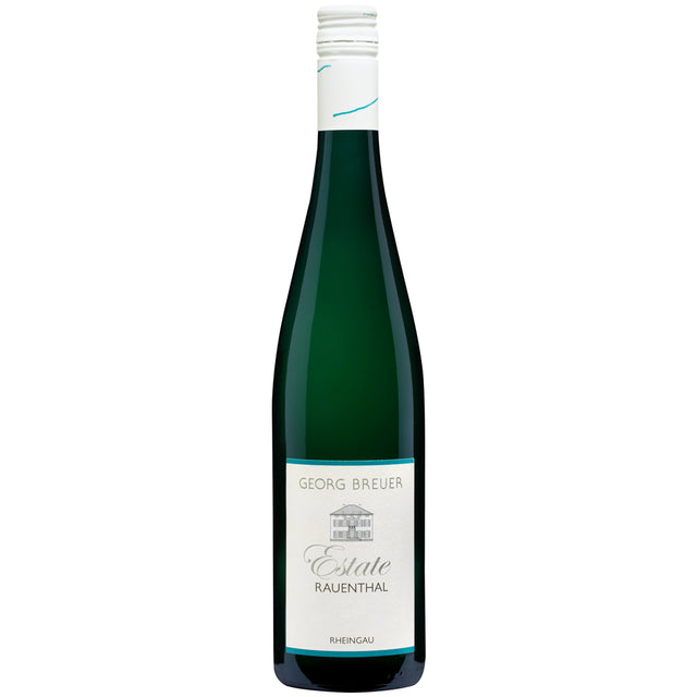Eine grüne Flasche „Weingut Georg Breuer Estate Rauenthal Riesling trocken 2023“ mit weißem Etikett und Schraubverschluss, die den klassischen Charakter des Rheingauer Rieslings verkörpert.