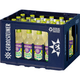 Ein blauer Kasten Gerolsteiner Citrus-Minze Limonade 24x0,33L MEHRWEG Flaschen mit gelben Verschlüssen, von der Seite gesehen - ideal für ein erfrischendes Citrus-Minze Getränk.