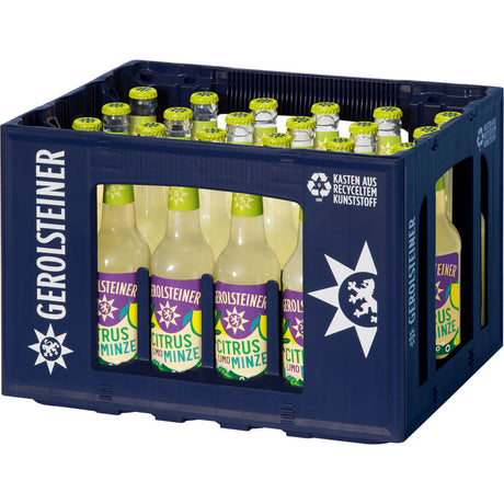 Ein blauer Kasten Gerolsteiner Citrus-Minze Limonade 24x0,33L MEHRWEG Flaschen mit gelben Verschlüssen, von der Seite gesehen - ideal für ein erfrischendes Citrus-Minze Getränk.