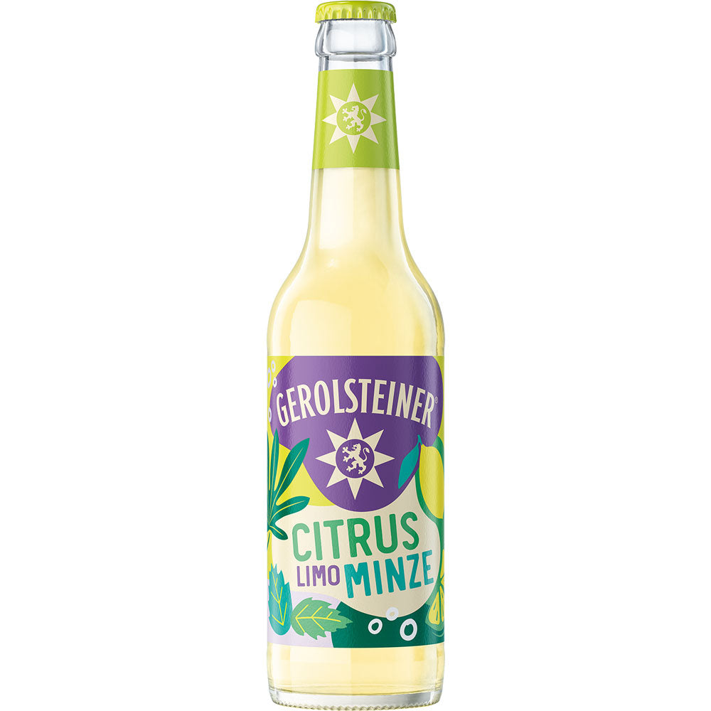 Die Gerolsteiner Citrus-Minze Limonade 24x 0,33 Liter (MEHRWEG) mit buntem Etikett und grünem Verschluss verspricht spritzige Zitrone und pure Erfrischung.