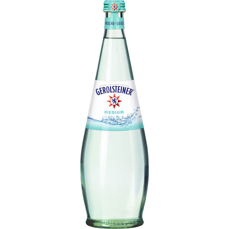 Die Gerolsteiner Gourmet Medium 0,75L Glasflasche (Mehrweg) mit blau-weißem Etikett bietet ein erfrischendes Mineralwasser mit Calcium und Magnesium. Erhältlich in 12er-Packungen.