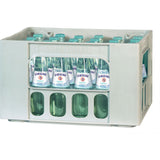 Eine Kiste Gerolsteiner Gourmet Medium 24x0,25L (MEHRWEG) Mineralwasserflaschen aus klarem Glas, reich an Kalzium und Magnesium, verpackt in einem hellgrauen Kunststoffkoffer.