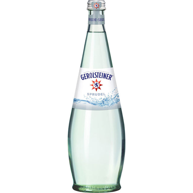 Gerolsteiner Gourmet Sprudel 0,75L Glasflasche (MEHRWEG) mit blau-weißem Etikett, reich an Mineralien für einen erfrischenden Geschmack. Packung mit 12 Stück.