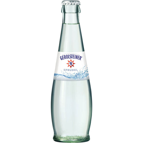 Eine Klarglasflasche Gerolsteiner Gourmet Sprudel (24x 0,25L MEHRWEG) mit weißem Etikett und Silberkappe, bekannt für seinen erfrischenden Geschmack und seine natürlichen Mineralien.