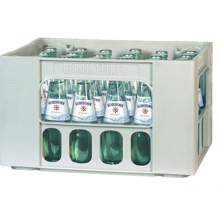 Eine graue Kiste mit 24 Glasflaschen Gerolsteiner Gourmet Sprudel 0,25L (MEHRWEG), das prickelnde Mineralwasser von Gerolsteiner.