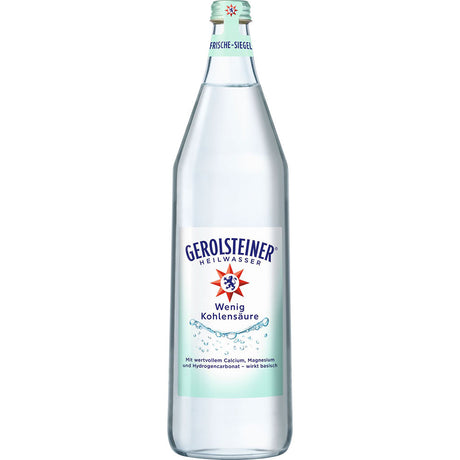 Die Gerolsteiner Heilwasser 6x 1 Liter (MEHRWEG) Glasflaschen mit blau-weißem Etikett und blauem Verschluss sind bekannt für ihren natürlichen Calcium- und Magnesiumgehalt, der die Gesundheit unterstützt. Marke: Gerolsteiner.