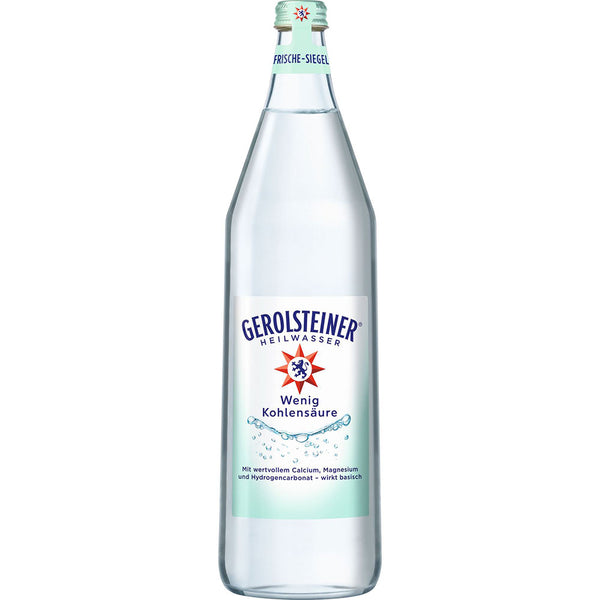 Die Gerolsteiner Heilwasser 6x 1 Liter (MEHRWEG) Glasflaschen mit blau-weißem Etikett und blauem Verschluss sind bekannt für ihren natürlichen Calcium- und Magnesiumgehalt, der die Gesundheit unterstützt. Marke: Gerolsteiner.