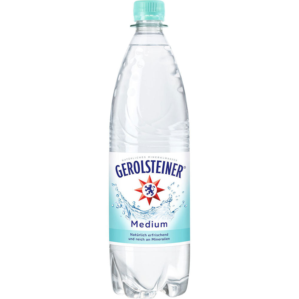 Klare 1-Liter-Kunststoffflasche von Gerolsteiner Medium Stille Quelle Mineralwasser (MEHRWEG) mit blauem Etikett und Verschluss, erhältlich im 12er-Pack.
