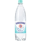 Klare 1-Liter-Kunststoffflasche von Gerolsteiner Medium Stille Quelle Mineralwasser (MEHRWEG) mit blauem Etikett und Verschluss, erhältlich im 12er-Pack.