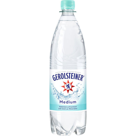 Klare 1-Liter-Kunststoffflasche von Gerolsteiner Medium Stille Quelle Mineralwasser (MEHRWEG) mit blauem Etikett und Verschluss, erhältlich im 12er-Pack.