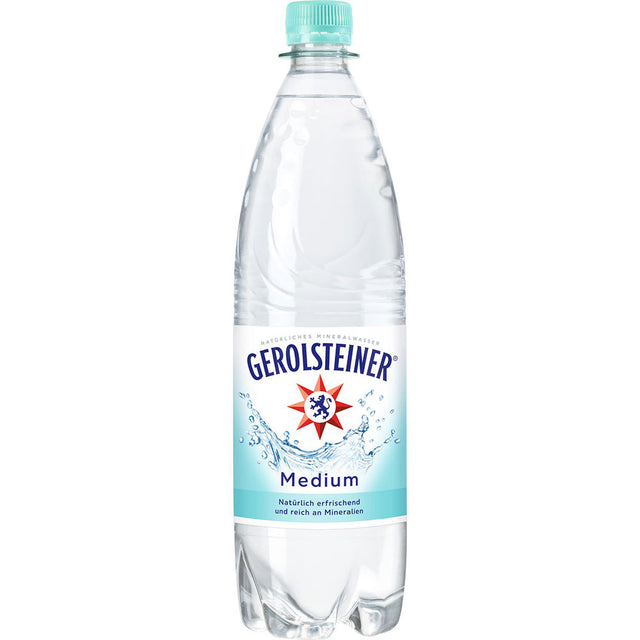 Klare 1-Liter-Kunststoffflasche von Gerolsteiner Medium Stille Quelle Mineralwasser (MEHRWEG) mit blauem Etikett und Verschluss, erhältlich im 12er-Pack.