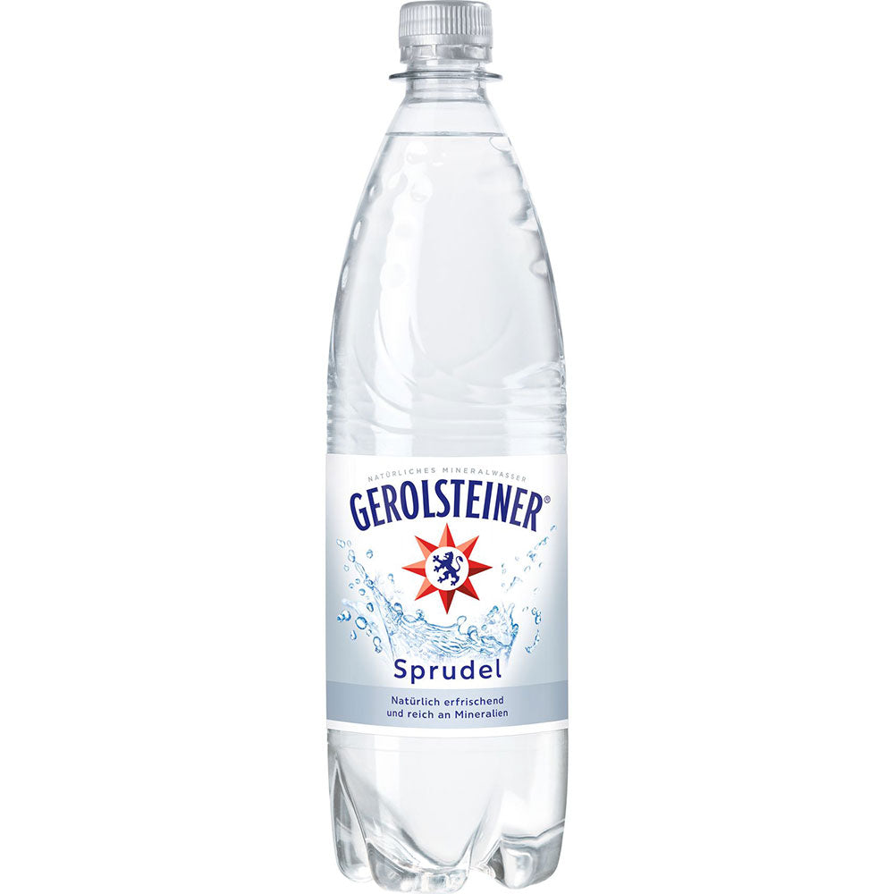 Gerolsteiner Mineralwasser PET 12x1L (MEHRWEG) bietet erfrischendes natürliches Mineralwasser aus der Vulkaneifel, in klaren Kunststoffflaschen mit weißem Etikett und blauem Verschluss.