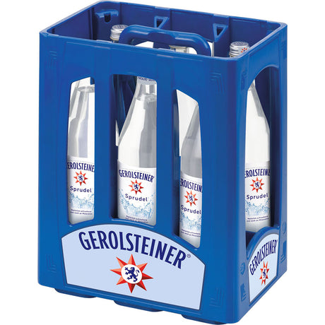 Blaue Kiste mit Gerolsteiner Mineralwasser Sprudel 6x1L (MEHRWEG) Flaschen mit sichtbaren Etiketten und Verschlüssen, die die Premiumqualität von Gerolsteiner Mineralwasser aus Deutschland hervorheben.