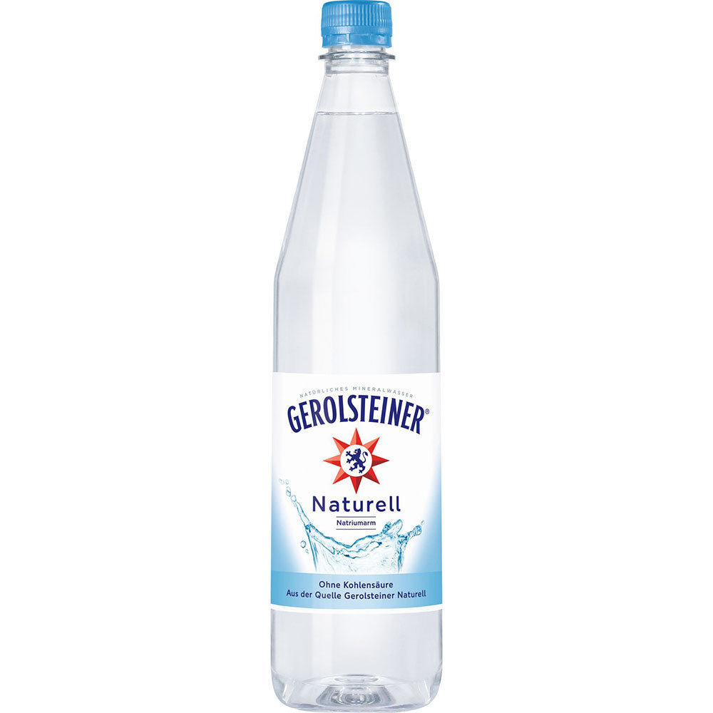 Gerolsteiner Naturell PET 12x1L (MEHRWEG): Stilles Mineralwasser in der klaren Flasche mit blauem Verschluss und weißem Etikett, ganz ohne Kohlensäure - pure Erfrischung von Gerolsteiner.