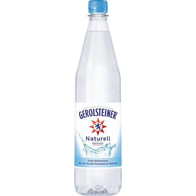 Gerolsteiner Naturell PET 12x1L (MEHRWEG): Stilles Mineralwasser in der klaren Flasche mit blauem Verschluss und weißem Etikett, ganz ohne Kohlensäure - pure Erfrischung von Gerolsteiner.
